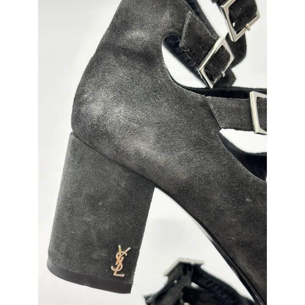 Saint Laurent Suede Gladiator Sandals Black Suede Size 37.5 / 7.5 Buckles - Picture 12 of 16
